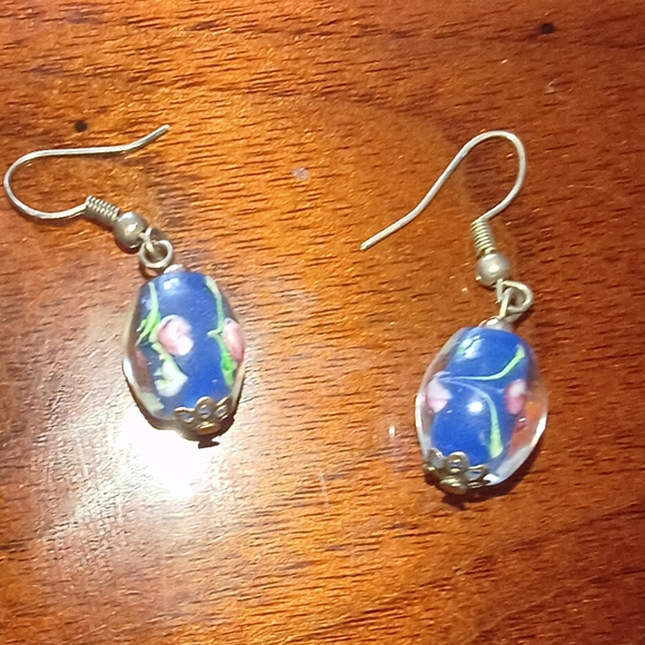 Floral Blue Drop Earrings - Picture 2 of 3